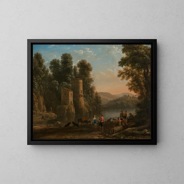 maisemasta paimenilla. Tanssi veden äärellä - Claude Lorrain — kehystetty taideteos seinällä