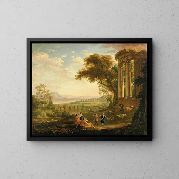 maisemasta satyyri ja nymfistä - Claude Lorrain — kehystetty taideteos seinällä
