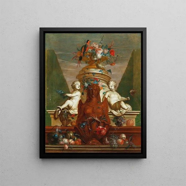 Coenraet Roepel - An elaborate fountain with fruit flowers and a parrot.webp