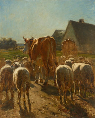 Constant Troyon - Vaches et moutons rentrant la ferme effet de soleil.webp