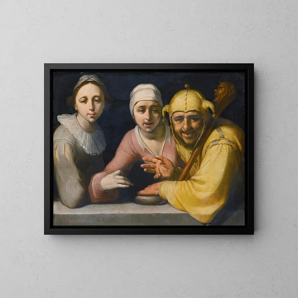 Un fou avec deux femmes - Cornelis Cornelisz van Haarlem — kehystetty taideteos seinällä