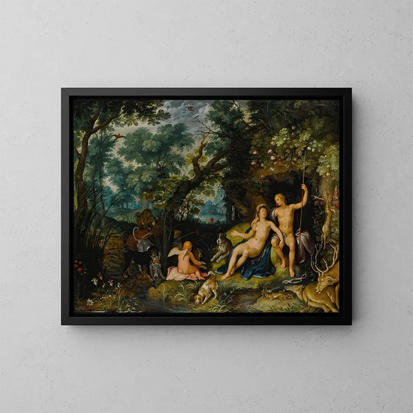 Venus ja Adonis lepäävät laajassa maisemassa, jossa on Cupid, metsästyskoiria ja niiden saaliit - Cornelis Cornelisz van Haarlem — kehystetty taideteos seinällä