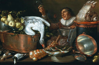 Cornelis Jacobsz Delff - A kitchen interior with a drinker copper and tin vessels game and fruit.webp