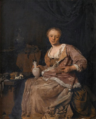 Cornelis Pietersz Bega - Young girl having a glass of wine in an interior.webp