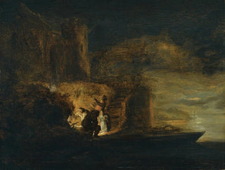 Cornelis van der Schalcke - Figures Around A Fire On A River Bank Beneath A City Fortification At Night.webp