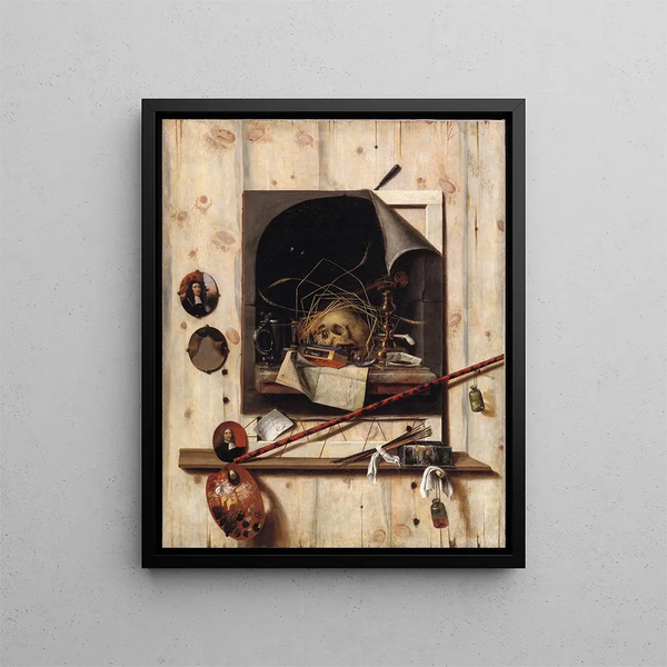 Trompe-l'œil avec mur d'atelier et nature morte à la vanité - Cornelius Norbertus Gijsbrechts — kehystetty taideteos seinällä
