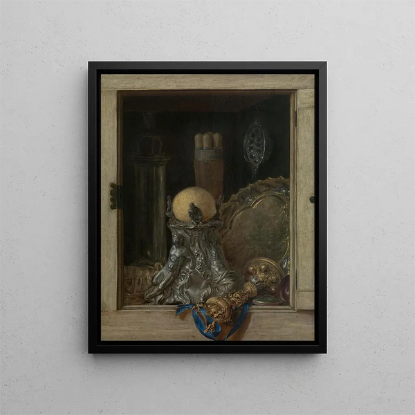 Trompe-l'œil d'une armoire ouverte avec des vases précieux - Cornelius Norbertus Gijsbrechts — kehystetty taideteos seinällä