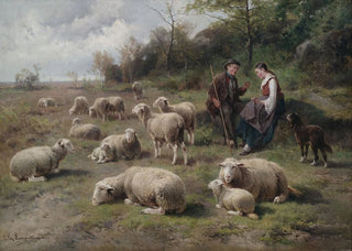 Cornelius van Leemputten - Schferpaar mit Herde in Weidelandschaft.webp