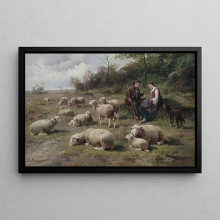 Cornelius van Leemputten - Schferpaar mit Herde in Weidelandschaft.webp