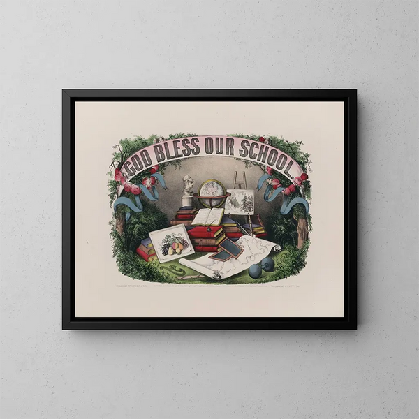 Jumala siunatkoon koulumme - Currier & Ives — kehystetty taideteos seinällä