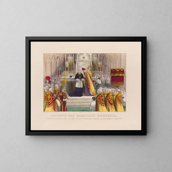 Korkokärjen asettamisesta New Yorkin arkkipiispa McCloskeylle - Currier & Ives — kehystetty taideteos seinällä