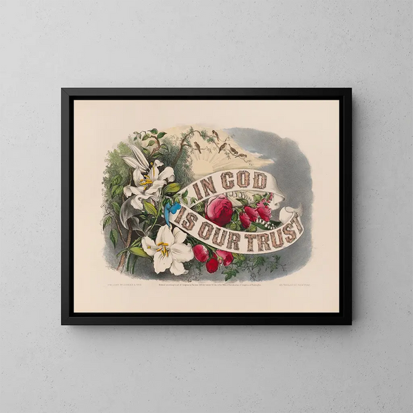 Meissä meillä on luottamus Jumalaan - Currier & Ives — kehystetty taideteos seinällä