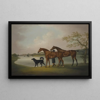 Daniel Clowes - A Pair Of Hunters Held By A Groom With A Newfoundland Dog By A Lake.webp