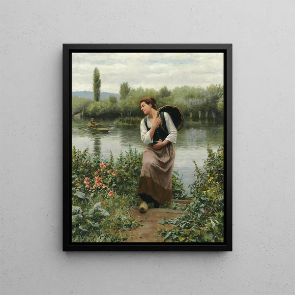 Nainen korin kanssa - Daniel Ridgway Knight — kehystetty taideteos seinällä
