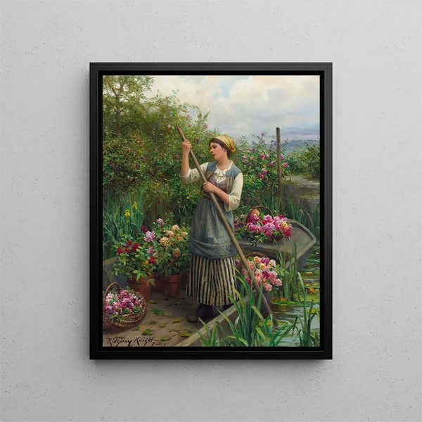 Kukinnan kerääminen joen varrella - Daniel Ridgway Knight — kehystetty taideteos seinällä