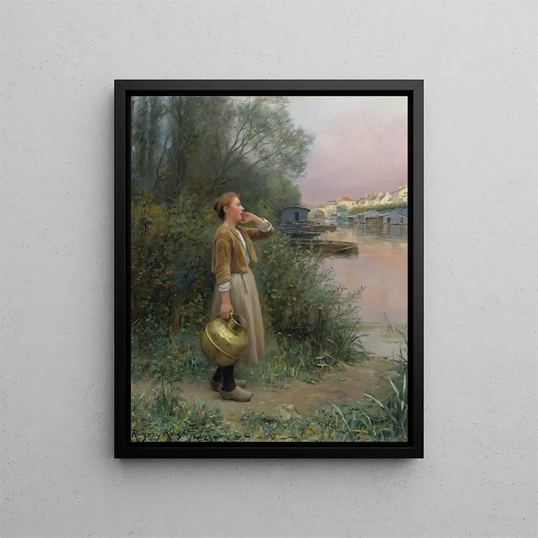 Tytär vesipannun kanssa - Daniel Ridgway Knight — kehystetty taideteos seinällä