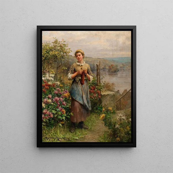 Nuori nainen neulomassa - Daniel Ridgway Knight — kehystetty taideteos seinällä