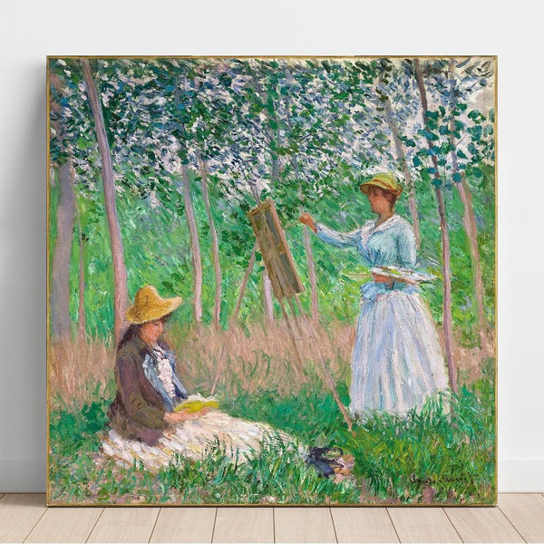 Givernyn metsissä: Blanche Hoschede hänen maalaustelineellään Suzanne Hoscheden lukiessa - Claude Monet