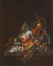 Une nature morte d'huîtres, de raisins, de cerises, de roses, de maïs, d'escargots, d'un melon et d'un sucrier en argent sur un socle en pierre - David Cornelisz de Heem — näkymä teoksesta