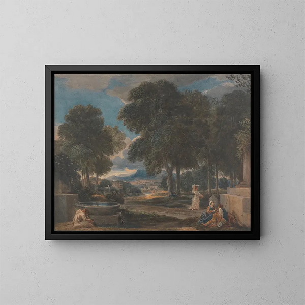 maisemasta, jossa mies pesee jalkojaan Poussinin mukaan - David Cox — kehystetty taideteos seinällä