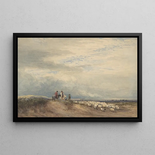 Ratsuista ja lampaista lähellä suistoa - David Cox — kehystetty taideteos seinällä