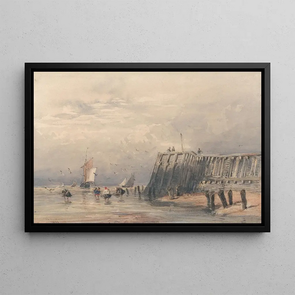 Voiliers et pêcheurs de crevettes au large d'une jetée - David Cox — kehystetty taideteos seinällä