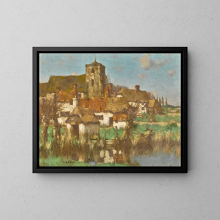 David Gauld - Church and farm cottages by a river.webp