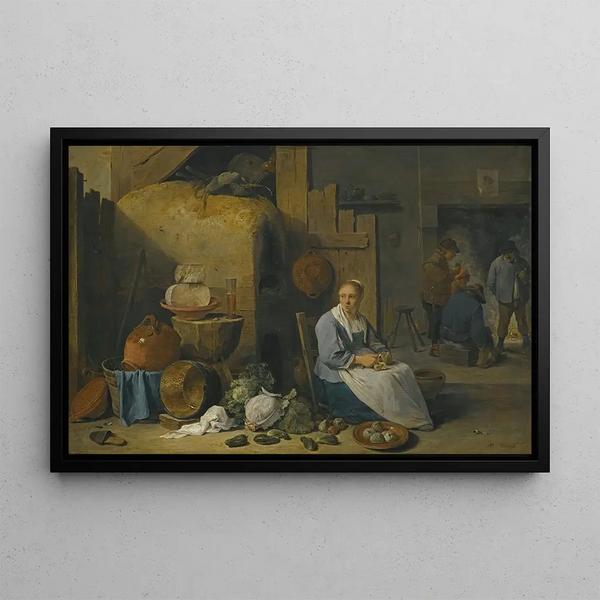 sisätiloista, jossa palvelijatar valmistaa vihanneksia - David Teniers nuorempi — kehystetty taideteos seinällä