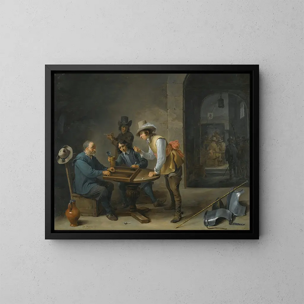 Yksi vartiointikohtaus, jossa on trictrac-pelaajia etualalla - David Teniers le Jeune — kehystetty taideteos seinällä