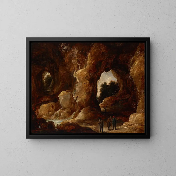 Yksi luola figuureilla, hirvellä ja haikalla - David Teniers le Jeune — kehystetty taideteos seinällä