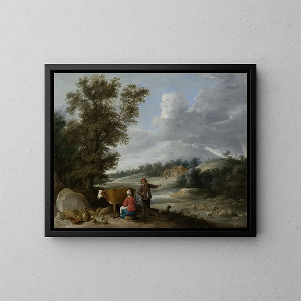 Maisema lehmäntarhan ja paimenen kanssa - David Teniers nuorempi — kehystetty taideteos seinällä