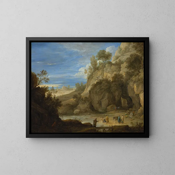 Maisema leirintäkentän kanssa - David Teniers le Jeune — kehystetty taideteos seinällä
