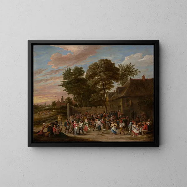 Maalaisten tanssista ja juhlinnasta - David Teniers nuorempi — kehystetty taideteos seinällä