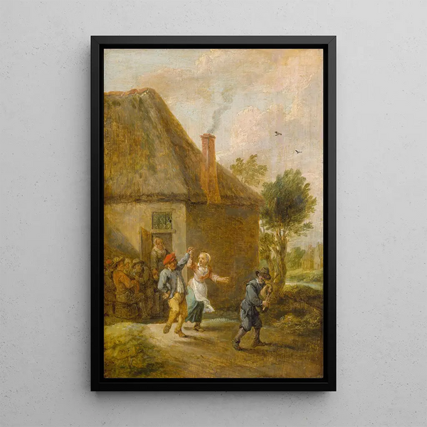 Maalauksen jäljennös Maanviljelijät tanssimassa ennen pubia - David Teniers nuorempi