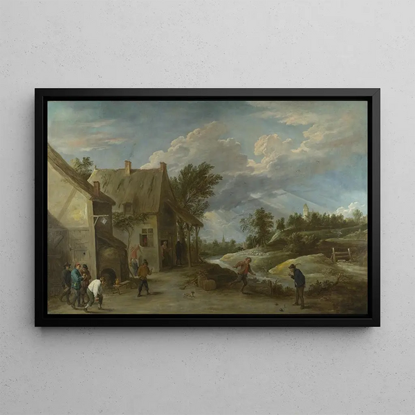 Maanviljelijät pelaamassa bouleja kylän pubin edessä - David Teniers nuorempi — kehystetty taideteos seinällä