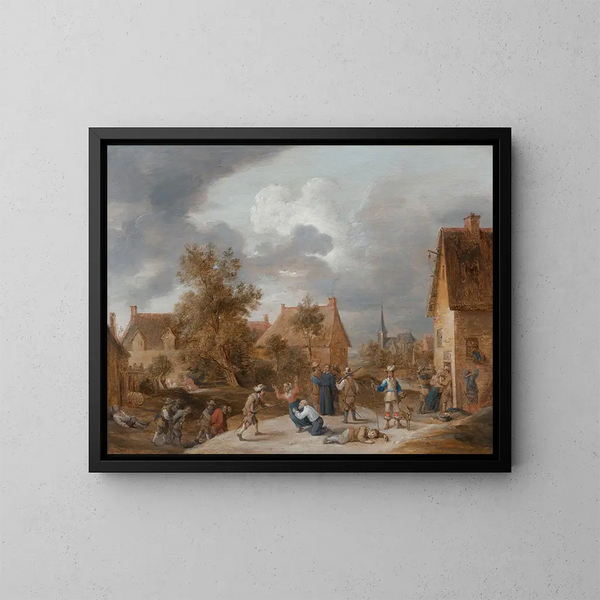 Sotilaita ryöstämässä kylää - David Teniers nuorempi — kehystetty taideteos seinällä