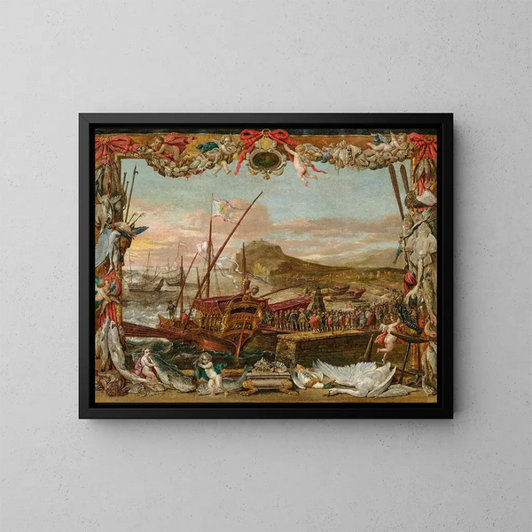 L'Embarquement de Don Juan d'Autriche - David Teniers le Jeune — kehystetty taideteos seinällä