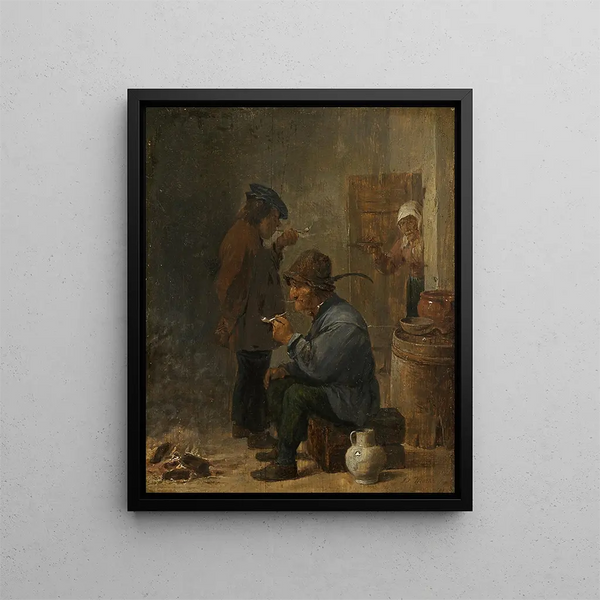 Kaksi tupakoivaa maanviljelijää hiilloksen äärellä - David Teniers le Jeune — kehystetty taideteos seinällä