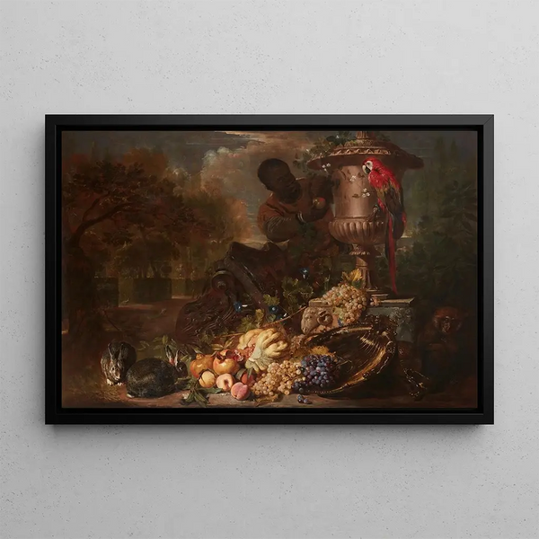 David de Coninck - A Still Life of Fruit on a Silver Dish with Figure Rabbits Parrot and Monkey Beneath a Broken Capital and an Ornamental Urn.webp