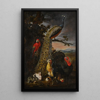 David de Coninck - Landscape with a peacock parrot chicken turkey two rabbits and a guineapig.webp