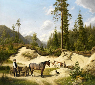 Deux hommes avec des chariots devant une forêt de pins - Carl Bgh