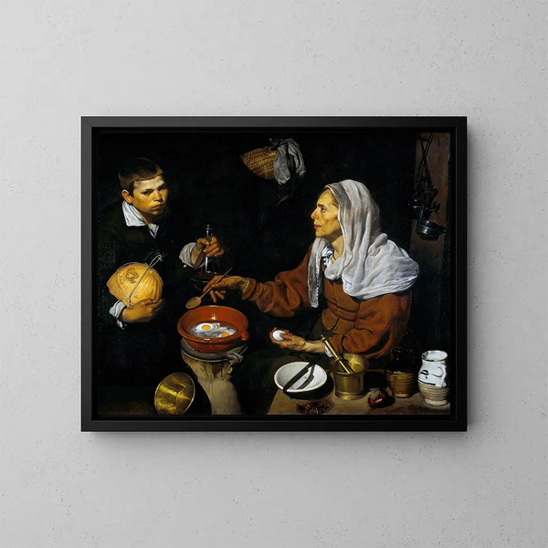Vanha nainen keittämässä munia - Diego Velázquez — kehystetty taideteos seinällä
