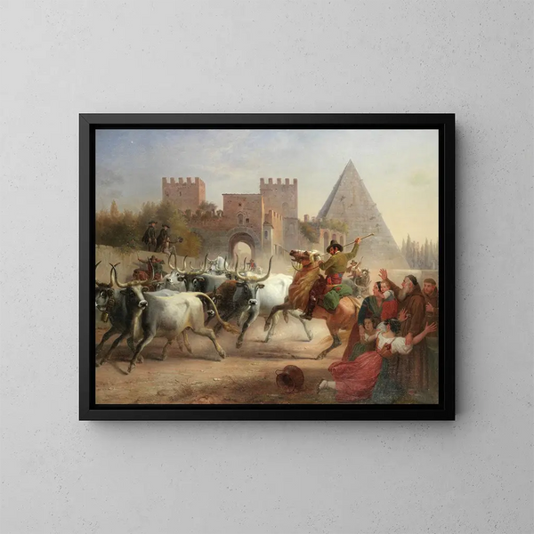 Karjanajoa Porta San Paolo ja Cestiuksen pyramidin edessä Roomassa - Dietrich Wilhelm Lindau — kehystetty taideteos seinällä