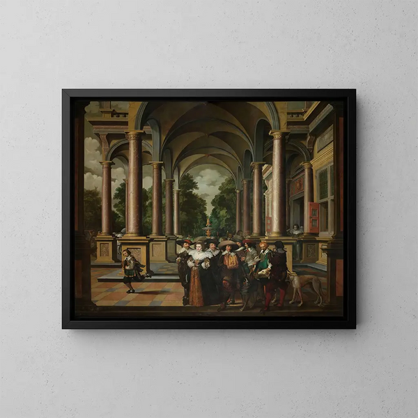 Galerie d'un palais avec architecture ornementale et colonnes - Dirck van Delen — kehystetty taideteos seinällä