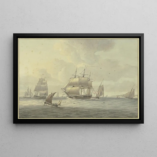 Dominic Serres - Leicht bewegte See unter vielen Schiffen ein Dreimaster mit vollen Segeln nach links vorne ein Segelboot.webp