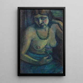 Dorothea MaetzelJohannsen - Selbstportrt in Blau Halbakt mit Perlenkette.webp