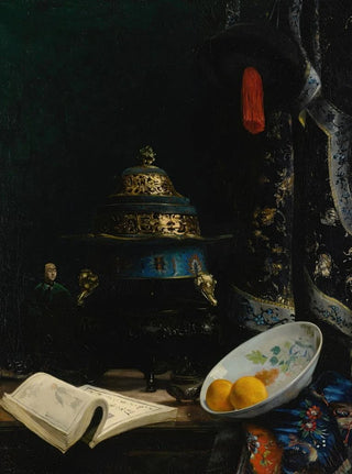 EA Baron Deslandes - Still Life Featuring An 18th Century Chinese Censer Porcelain Enameled Dish And Qing Dynasty Courtiers Hat.webp