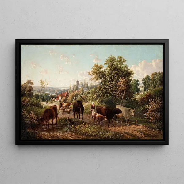 E R Van Hampe - Extensive Landscape near Hereford Cathedral and the River Wye.webp