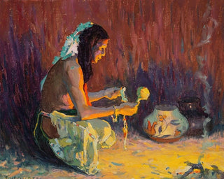 Eanger Irving Couse - Indian Brave Kneeling Before the Firelight.webp