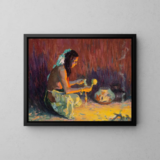 Eanger Irving Couse - Indian Brave Kneeling Before the Firelight.webp